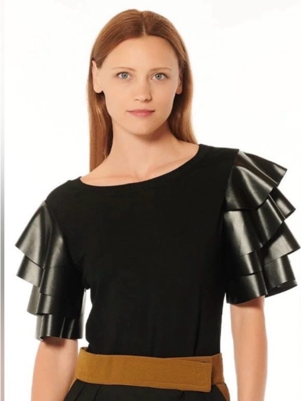 Gracia Black Faux-Leather sleeve Blouse